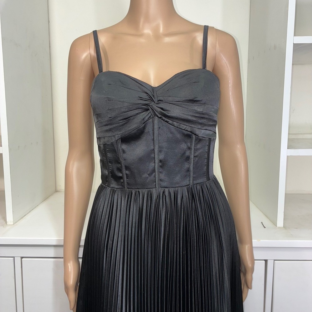 Black Satin Corset Gown Pleated Skirt Spaghetti Strap Lace Up Back Formal prom - Picture 4 of 9